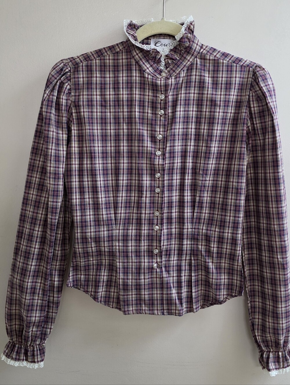 Vintage Courts Vintage 80's Ruffle Collar Top Lace Plaid Sz 7